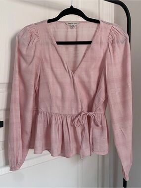 American Eagle Outfitters Blush Pink Wrap Peplum Long-Sleeve Top